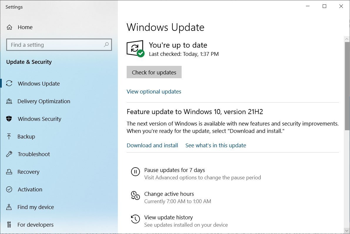 Tela com a atualização "21H2", no Windows 10. (Fonte: Bleeping Computer / Reprodução)