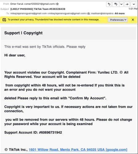 Um e-mail falso disfarçado de mensagem do TikTok.