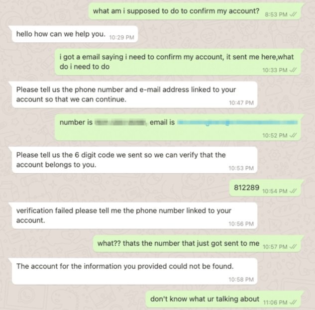 O chat no WhatsApp pede informações de acesso da sua conta.