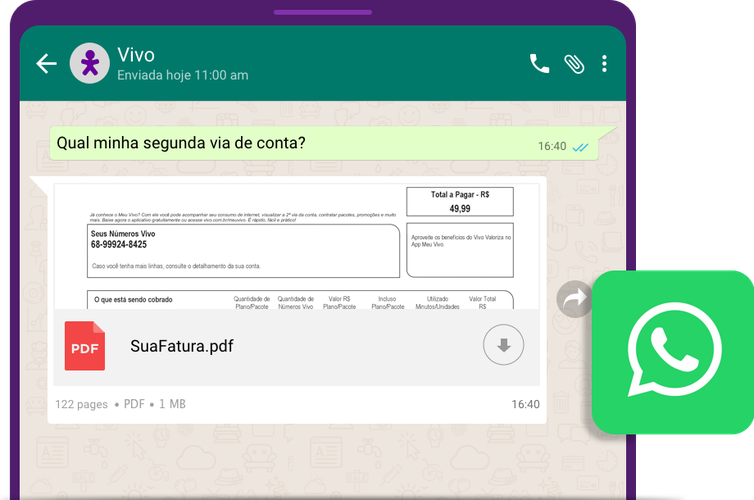 Pedido de segunda via da conta pelo WhatsApp é super fácil e rápido. (Fonte: Vivo/Reprodução)