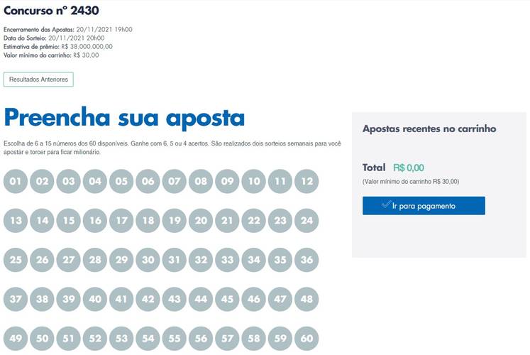 Antes de fazer a sua aposta é possível conferir o valor estimado do prêmio e outras informações sobre o sorteio