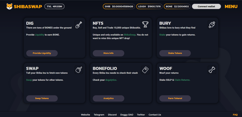 Interface da ShibaSwap, a corretora decentralizada do projeto Shiba Inu. (Fonte: ShibaSwap / Reprodução)