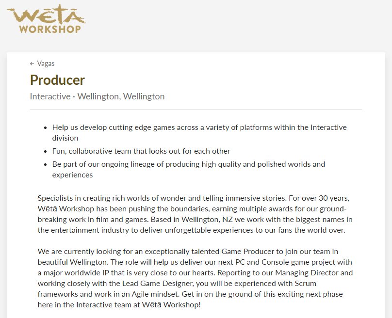 Descrição de vaga procura produtor para trabalhar em novo jogo da Weta para PC e consoles