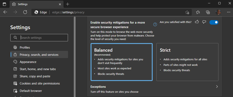 Novos modos de segurança do Microsoft Edge.