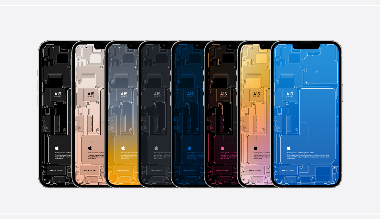 Série de papéis de parede com "raio-x" do iPhone 13. (Fonte: The Basic Apple Guy via 9to5 Mac / Reprodução)