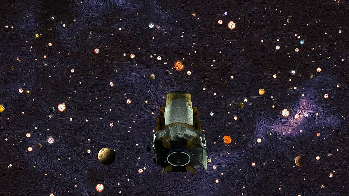 Tributo artístico à aposentadora do Telescópio Espacial Kepler em 30 de outubro de 2018. (Fonte: JPL/NASA/Wikipedia/Divulgação.)