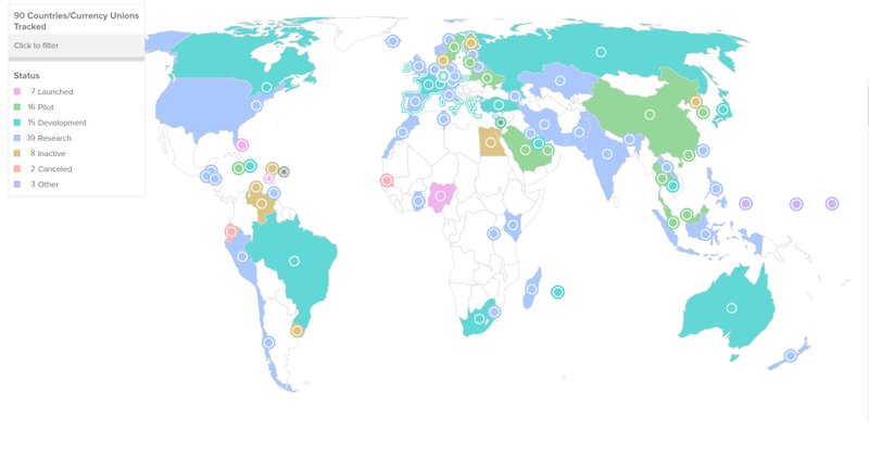 Mapa com o andamento de projetos de CBDC; alternativa brasileira já está em desenvolvimento. (Fonte: Atlantic Council / Reprodução)