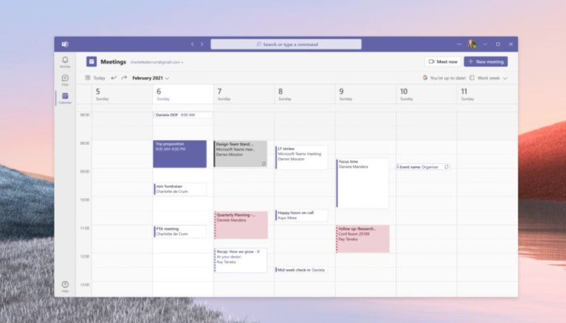 A agenda de compromissos e o calendário do Teams.