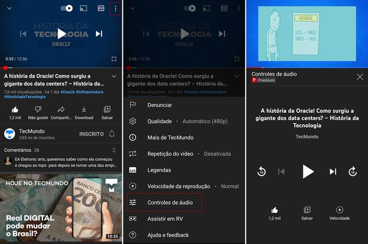 A ativação e os controles de áudio no YouTube.