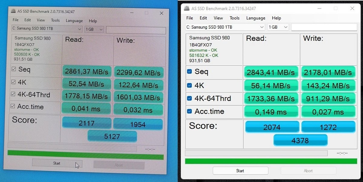 Testes comparativos do Samsung 980 de 1TB no Windows 10 e Windows 11 utilizando AS-SSD