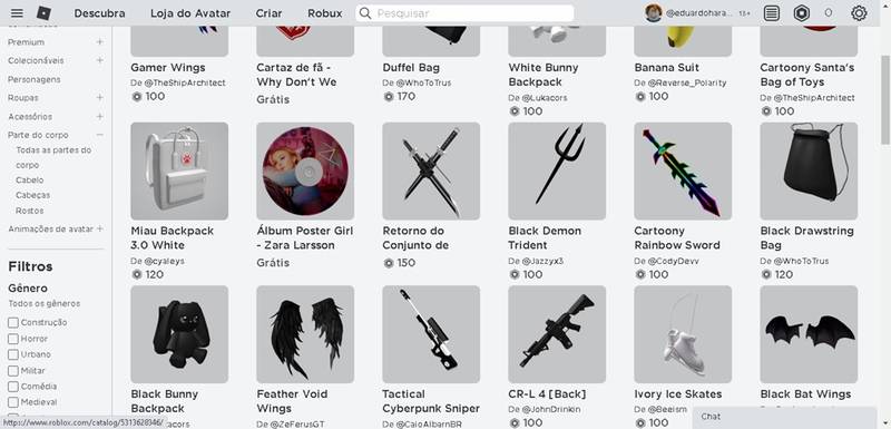 O menu lateral esquerdo permite que você filtre os itens de personalização de acordo com o seu interesse, com diversas categorias para escolher. (Fonte: RobloxSite/Reprodução)