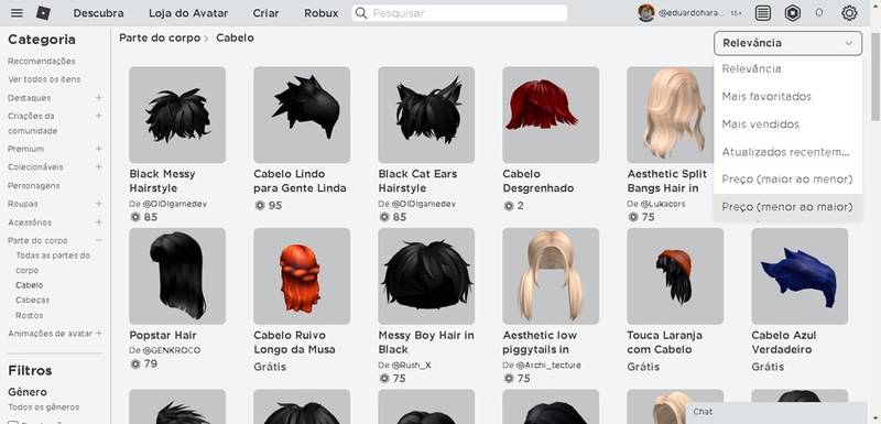 Para visualizar primeiro os itens gratuitos, é preciso mudar a ordem em que os itens aparecem, escolhendo primeiro os mais baratos. (Fonte: RobloxSite/Reprodução)