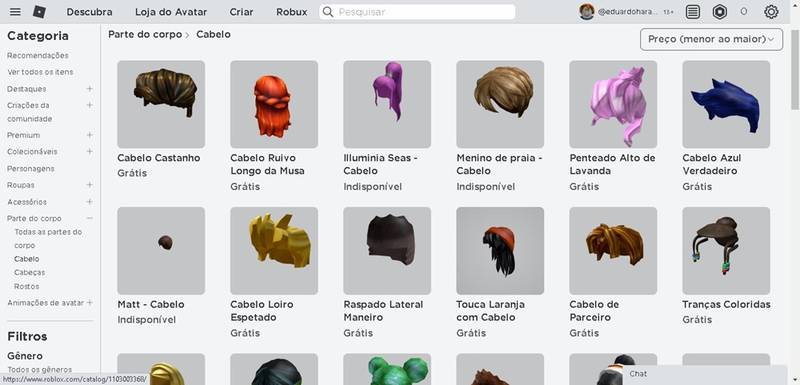 Assim que você aplicar a filtragem, os cabelos gratuitos apareceram em primeiro lugar, embora não existam muitas opções grátis neste momento. (Fonte: RobloxSite/Reprodução)