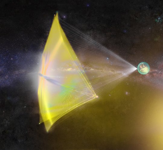 Representação da frota de pequenas sondas de velas leves da iniciativa Breakthrough Starshot