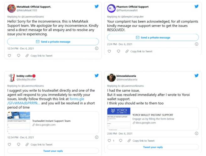 Os tweets falsos que respondem pedidos de ajuda.