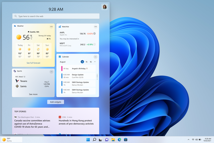 Nova posição experimental dos Widgets no Windows 11. (Fonte: Microsoft / Reprodução)