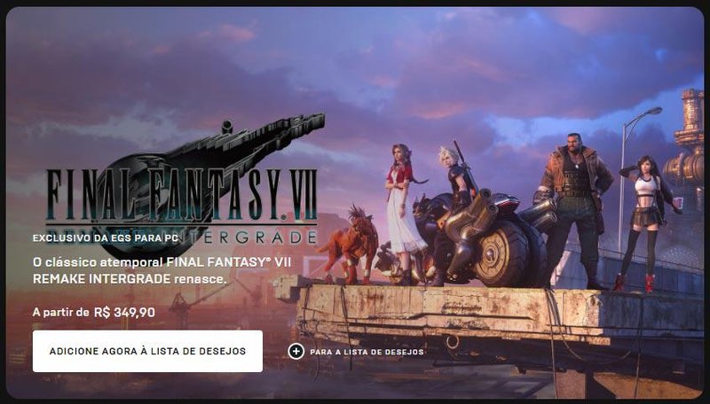 Remake de FF7 pode ser encontrado na Epic Games Store custando R$ 349,90