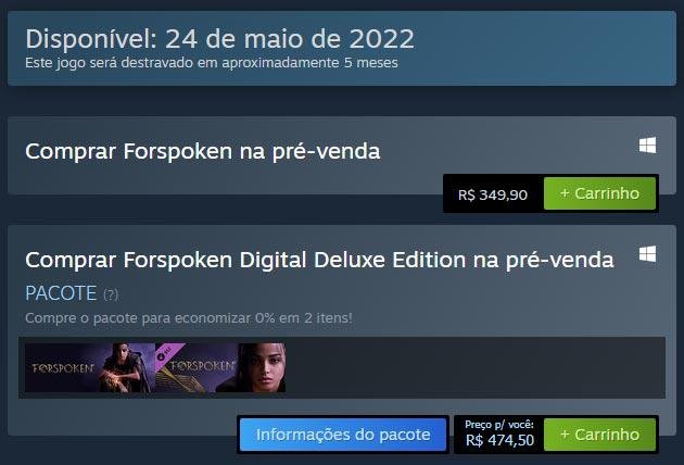 Forspoken pode ser encontrado na Steam custando R$ 349,90 na versão básica e R$ 474,50 na versão Deluxe