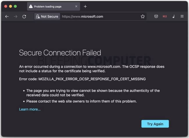 A mensagem de "Falha de conexão segura" é exibida para alguns usuários do Firefox.
