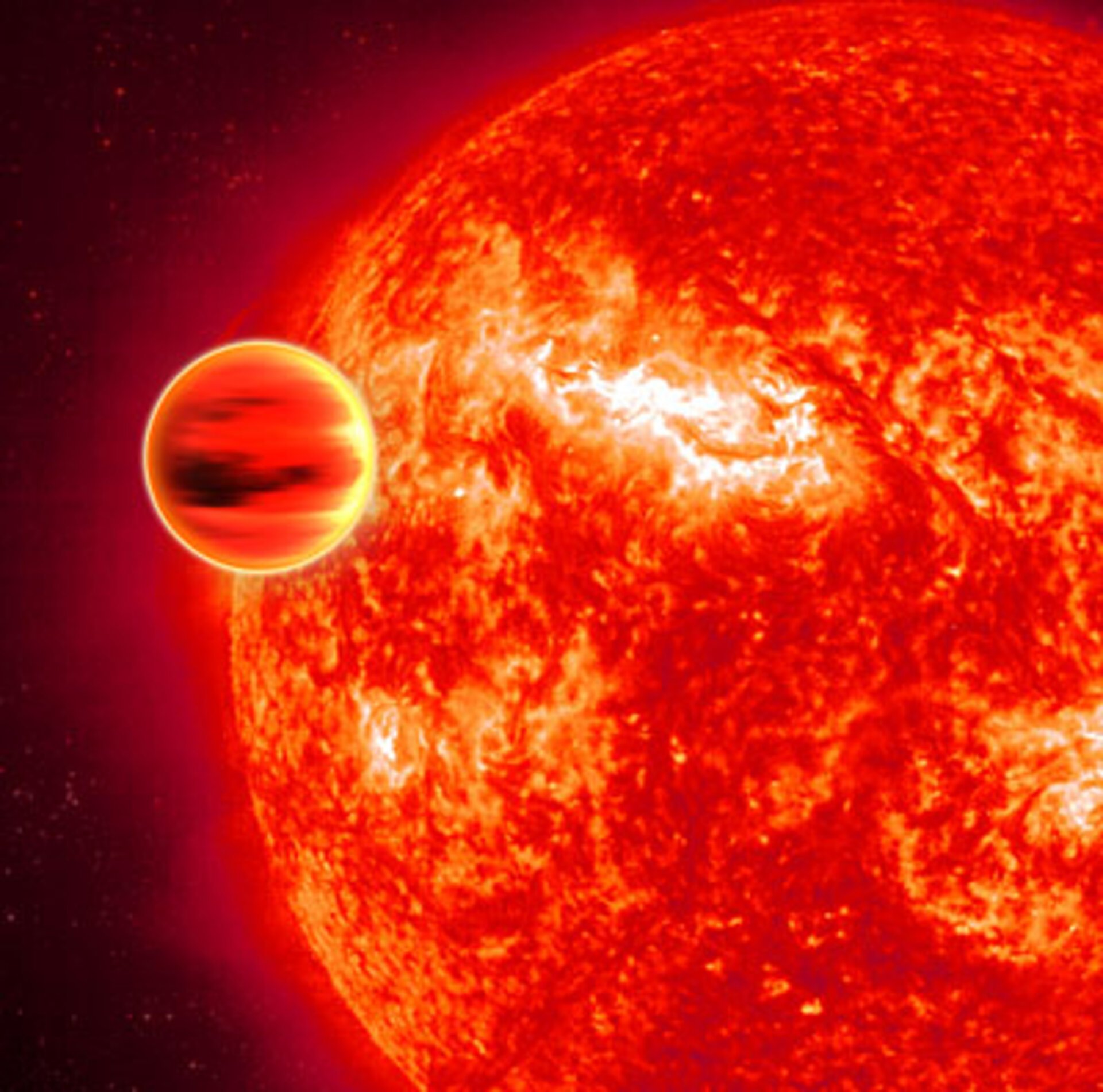 Concepção artística de um exoplaneta massivo próximo a sua estrela hospedeira. No caso, o sistema HD 189733b