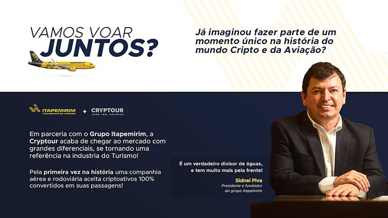 O presidente do grupo Itapemirim "estrela" nas principais peças de publicidade da Cryptour. (Fonte: Cryptour/Divulgação.)