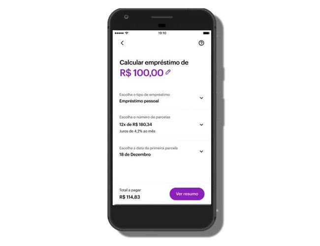 Digite o valor contratado, o número de parcelas e o dia do primeiro pagamento. (Fonte: BlogNubank/Divulgação)