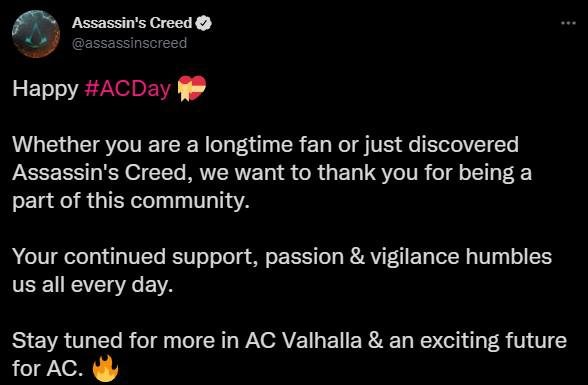 Tweet da conta oficial de Assassin's Creed em comemoração ao AC Day
