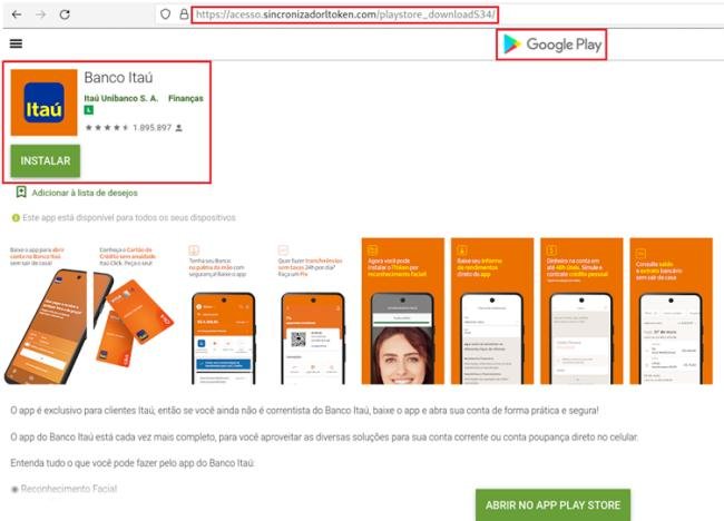 Página falsa da Play Store usada na campanha maliciosa.