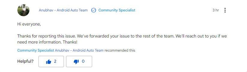 Resposta de membro da equipe Android Auto às reclamações sobre o bug
