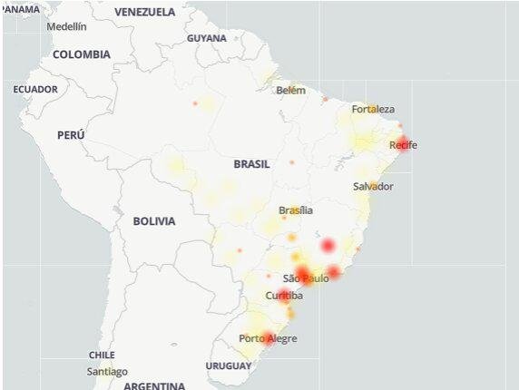 Regiões mais afetadas segundo, o site DownDetector.