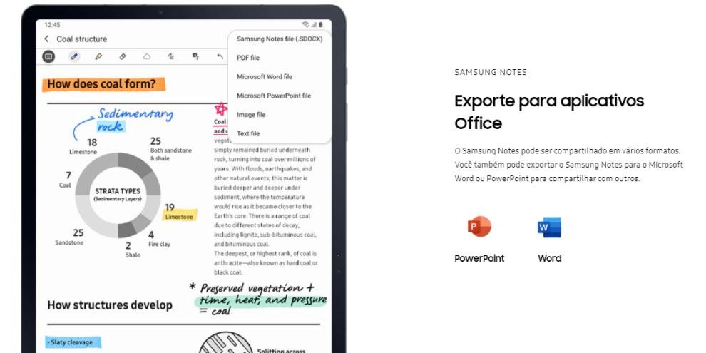 O Galaxy Tab S7 tem a opção de exportar diretamente aplicativos do Office. 