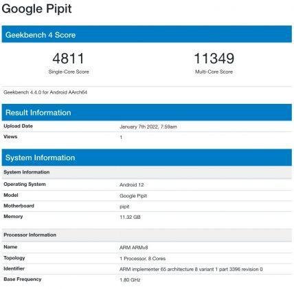 Listagem no Geekbench do Google Pipit/Pixel Fold