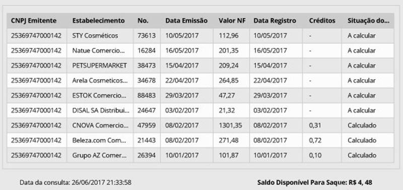 A opção “Conta Corrente” exibe o extrato de créditos da sua conta. (NFP)