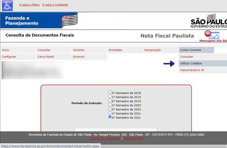 Clique na opção “Utilizar Créditos” para sacar de sua conta. (Fonte: NFP)