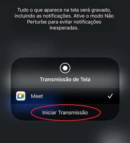 No momento em que você inicia a transmissão, toda a sua tela começa a ser exibida na vídeo conferência