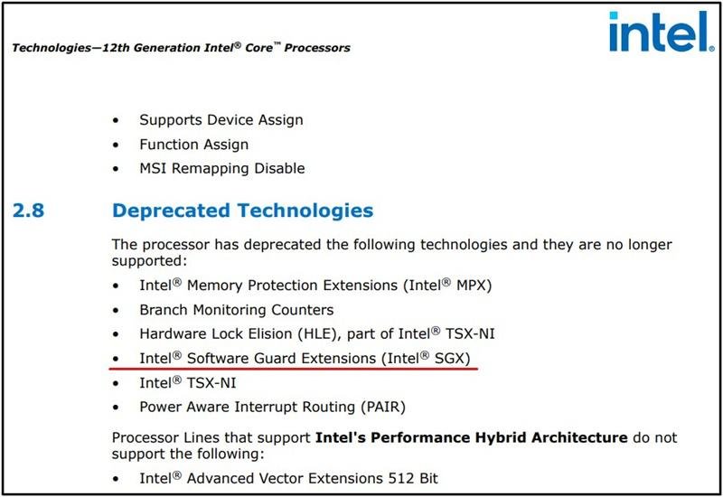 Página no site da Intel que menciona a perda de suporte à tecnologia SGX. (Fonte: BleepingComputer/Reprodução)