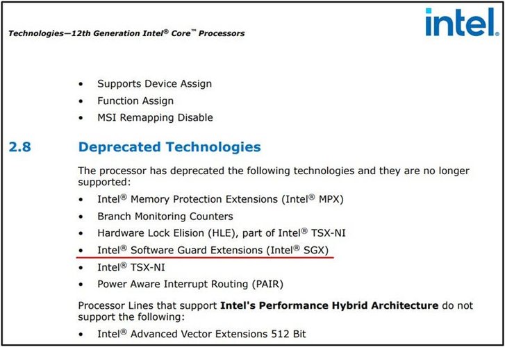 Página no site da Intel que menciona a perda de suporte à tecnologia SGX. (Fonte: BleepingComputer/Reprodução)