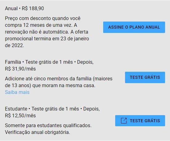 Os planos de assinatura do Premium.