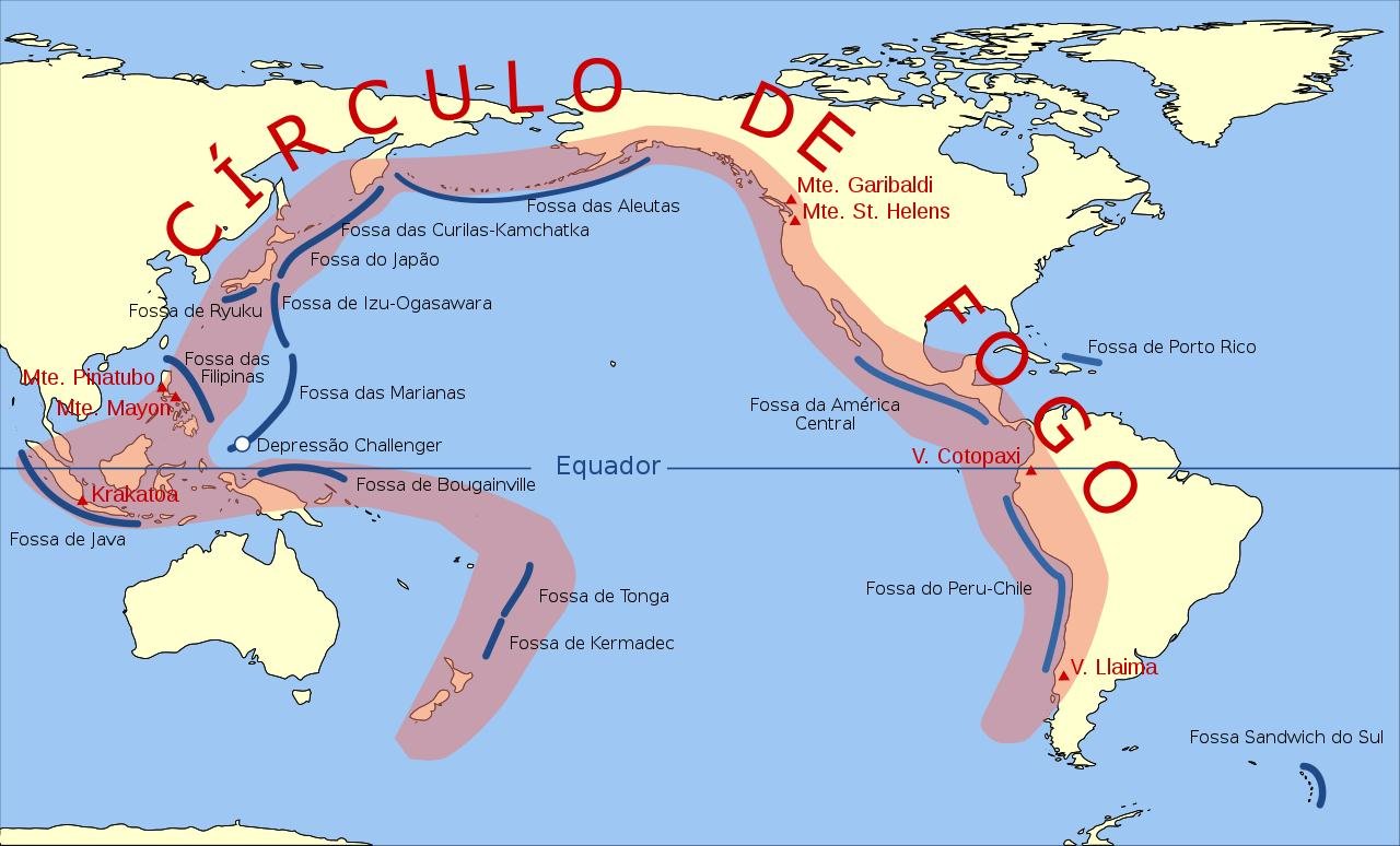 O Círculo de Fogo se estende por 40 mil quilômetros ao redor do Oceano Pacífico. (Fonte: Wikipedia/Gringer/Reprodução)