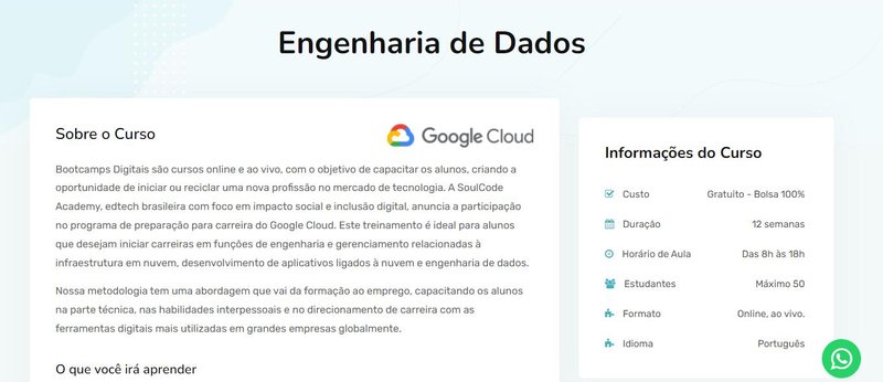 Descrição do curso de Engenharia de Dados da SoulCode Academy