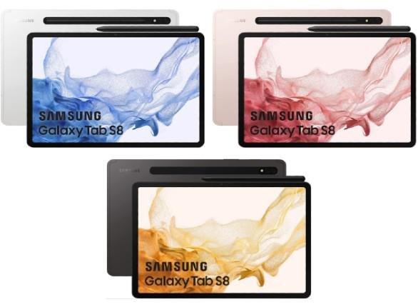 Galaxy Tab S8 nas cores Rose Gold, Prata e Cinza
