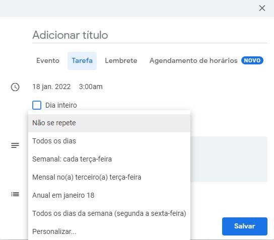 É possível escolher um período específico para a repetição do evento, ou personalizar as datas em que ele acontecerá