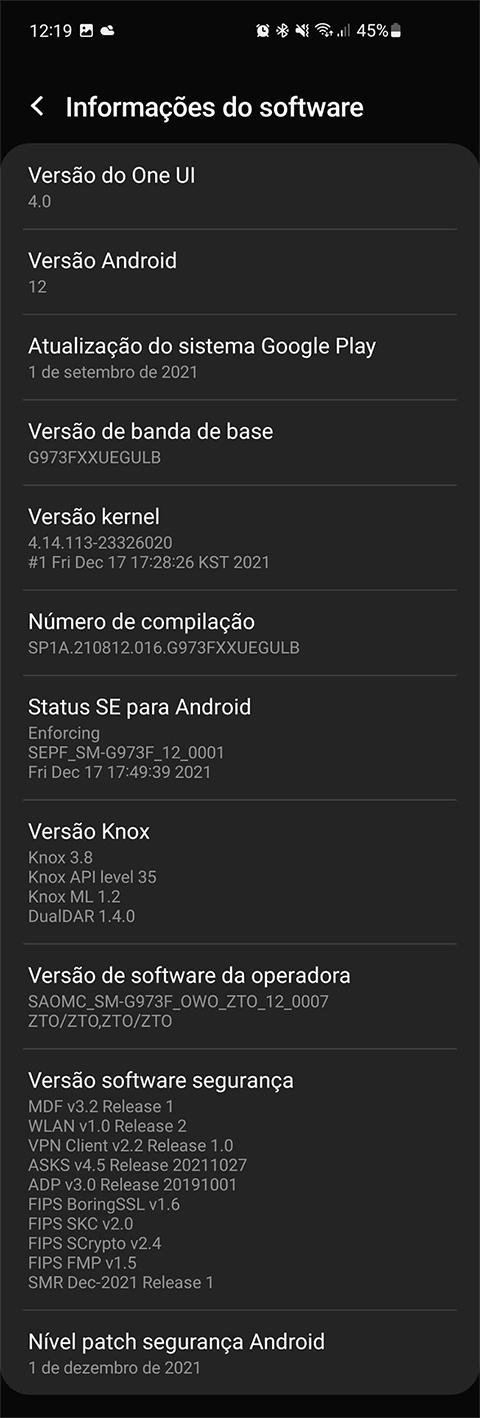 Especificações do Android 12 instalado no Samsung Galaxy S10