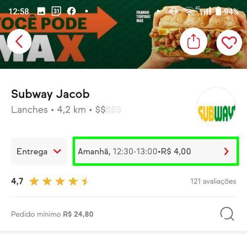 A opção de programar a encomendar vai aparecer ao lado do botão de entrega e não está disponível para todos os restaurantes. (Fonte: iFood/Reprodução)