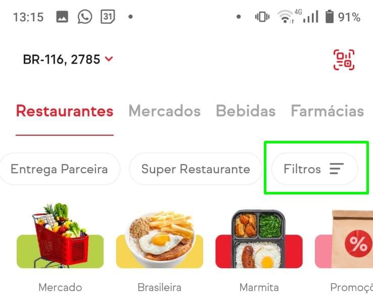 Encontre a opção de filtragem especializada na tela inicial do app para encontrar os restaurantes que agendam. (Fonte: iFood/Reprodução)