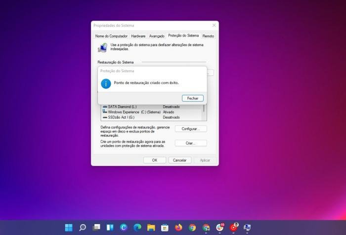 Ponto de restauração criado no Windows 11.