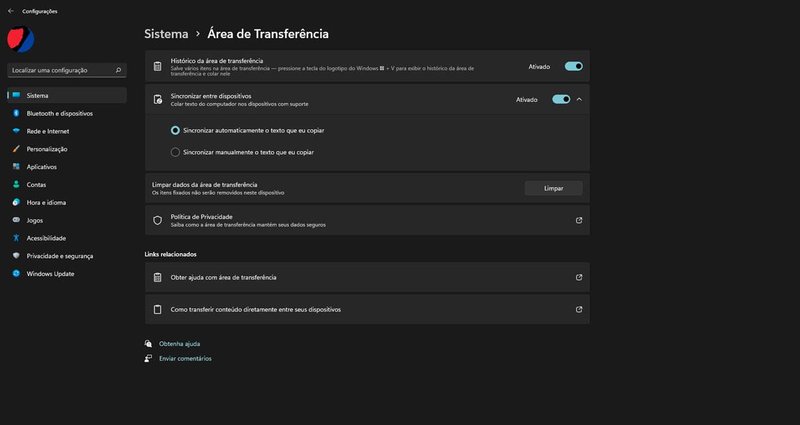 Como ativar a sincronização da área de transferência