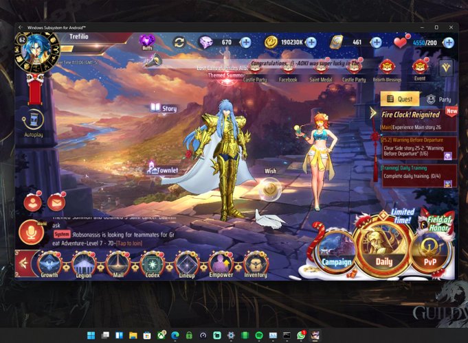 Saint Seiya Awakening rodando no Windows 11 via WSA