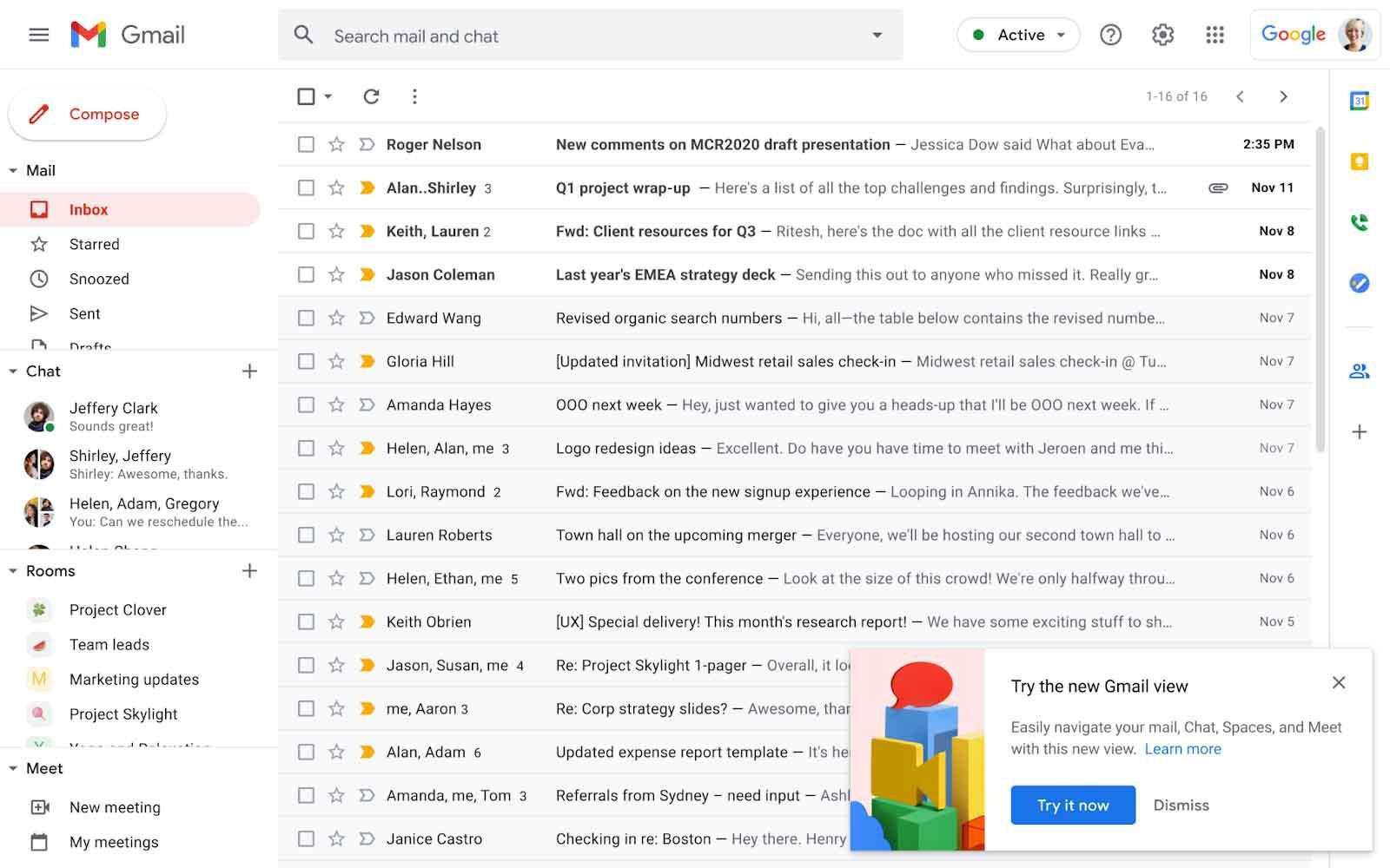 O visual atual do Gmail possui os aplicativos expandidos, ocupando mais espaço