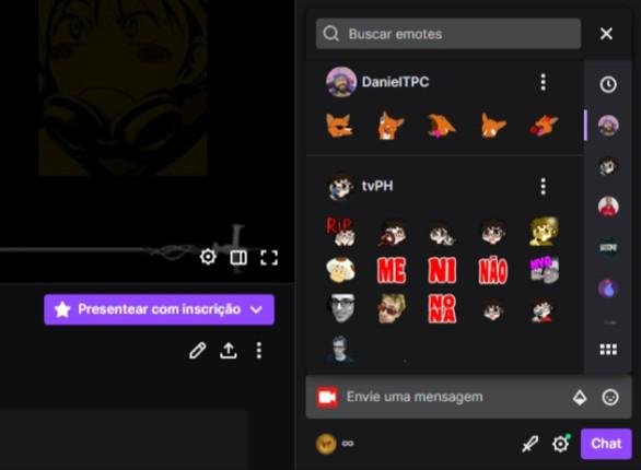 Cada canal tem emotes exclusivos que podem ser usados em qualquer chat da Twitch